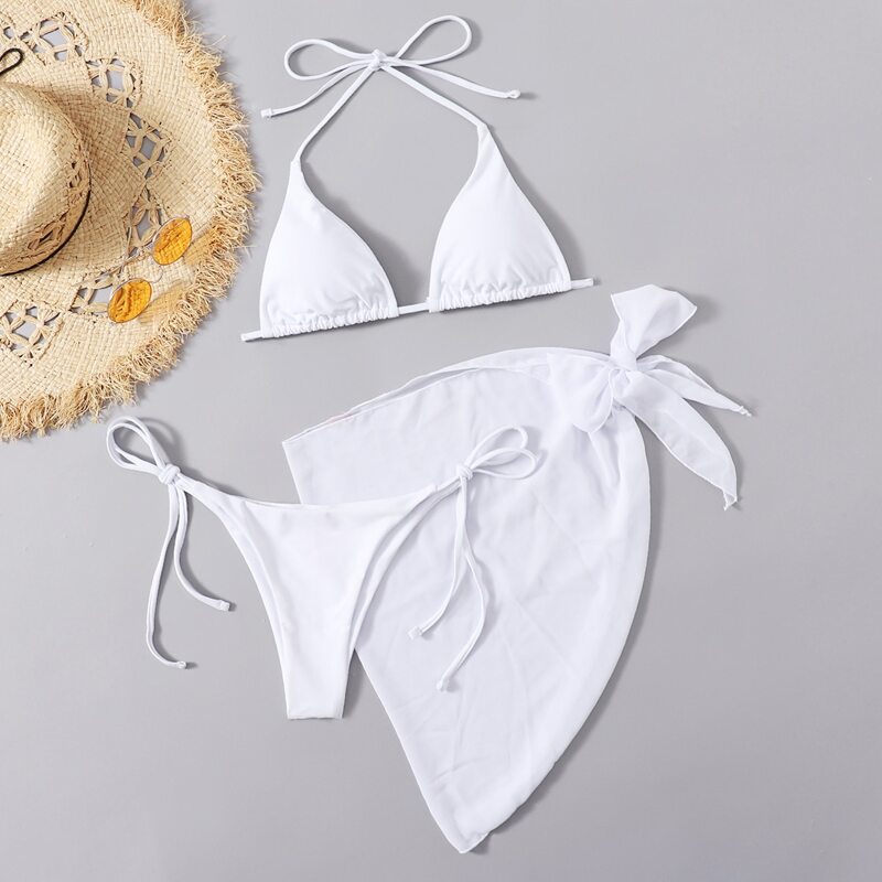 

3pack Tie Side Bikini Swimsuit With Beach Skirt, White