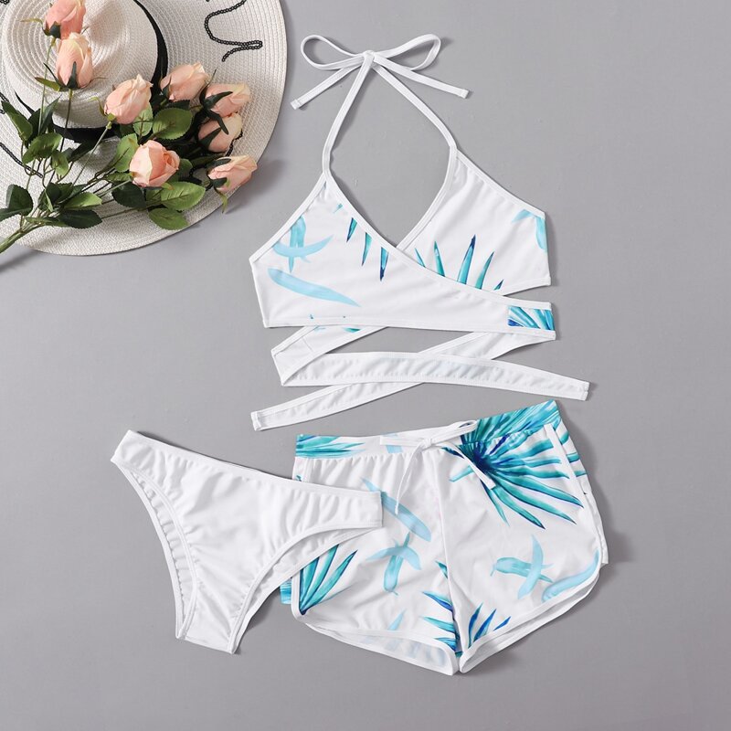 

3pack Tropical Bikini Swimsuit With Shorts, Multicolor