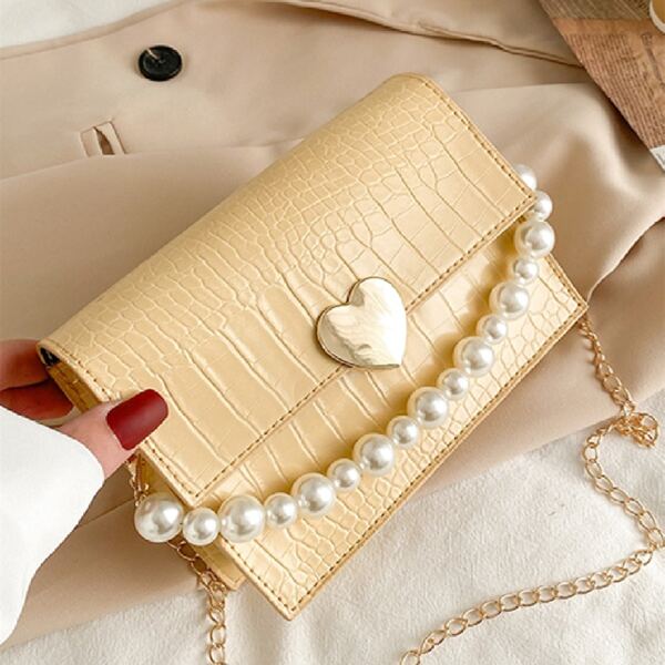 

Faux Pearl Decor Croc Embossed Satchel Bag, Yellow