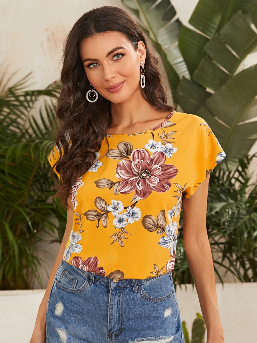 SHEIN LUNE Batwing Sleeve Floral Print Top - Yellow - View 1