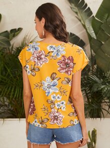 SHEIN LUNE Batwing Sleeve Floral Print Top - Yellow - View 2