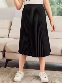 SHEIN Tween Girl Solid Pleated Skirt - Black - View 1
