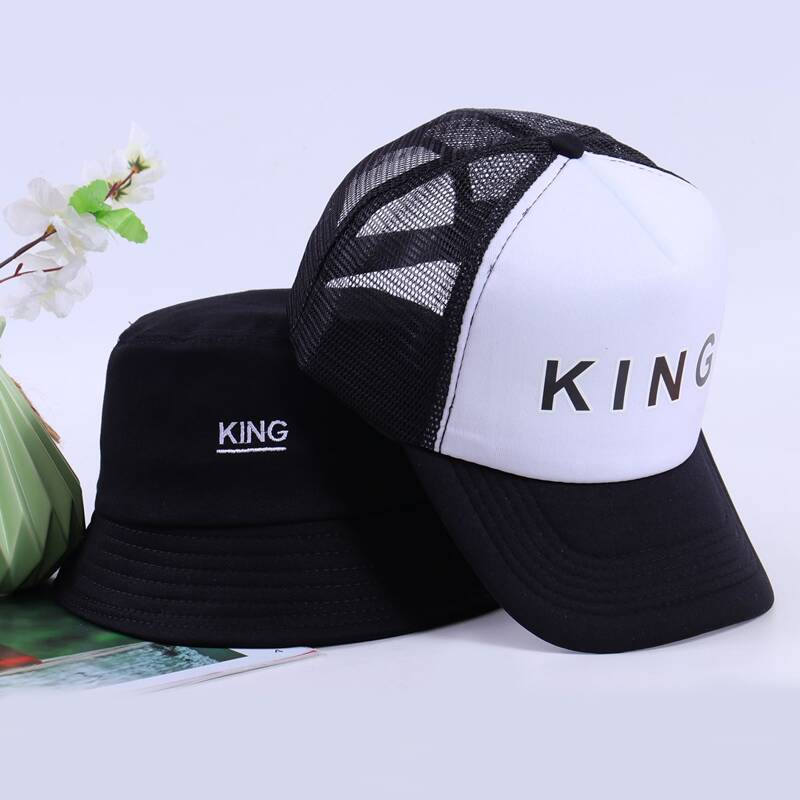 

Guys 2pcs Letter Bucket Hat & Baseball Cap, Black and white