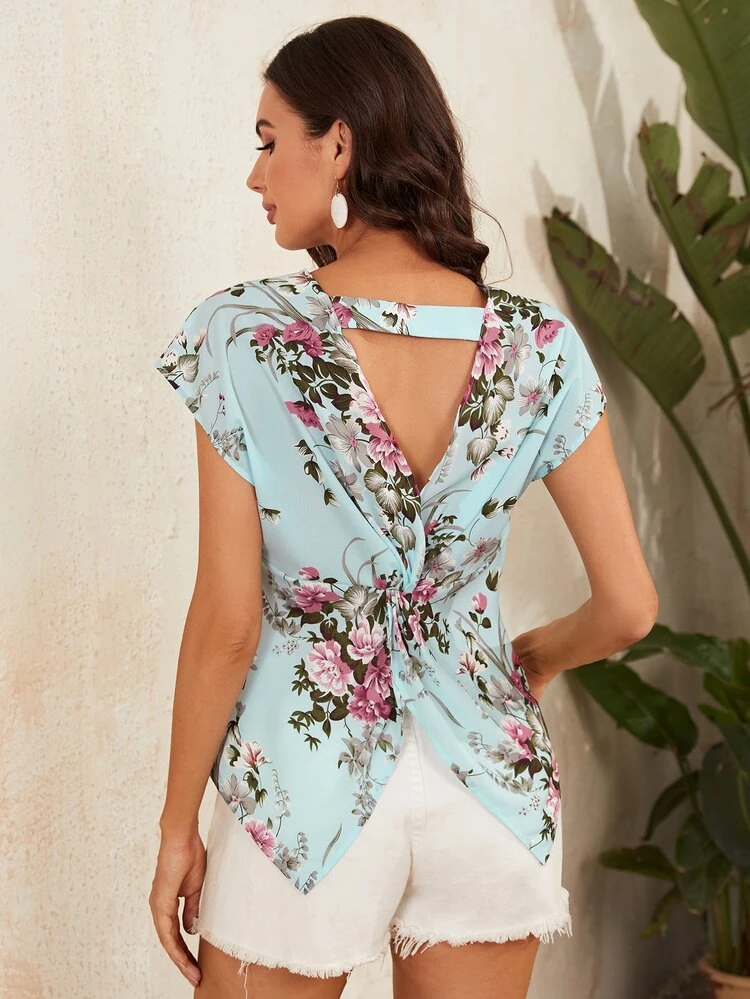 SHEIN Twist Back Floral Top - Baby Blue - View 2