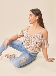 SHEIN VCAY Plus Cold Shoulder Ditsy Floral Top - Multicolor - View 1
