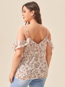 SHEIN VCAY Plus Cold Shoulder Ditsy Floral Top - Multicolor - View 2