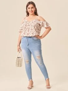 SHEIN VCAY Plus Cold Shoulder Ditsy Floral Top - Multicolor - View 3