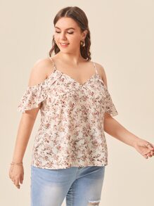 SHEIN VCAY Plus Cold Shoulder Ditsy Floral Top - Multicolor - View 4