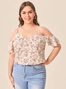 SHEIN VCAY Plus Cold Shoulder Ditsy Floral Top - Multicolor - View 5