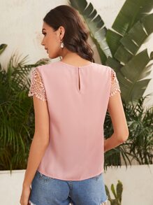 SHEIN LUNE Top de manga con encaje de cuello con ojal - Rosa vieja - Ver 2