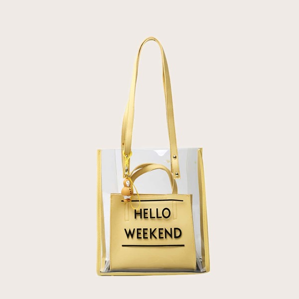 

Clear Letter Graphic Tote Bag With Satchel Bag, Yellow