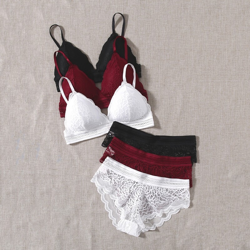 

3sets Contrast Lace Lingerie Set, Multicolor