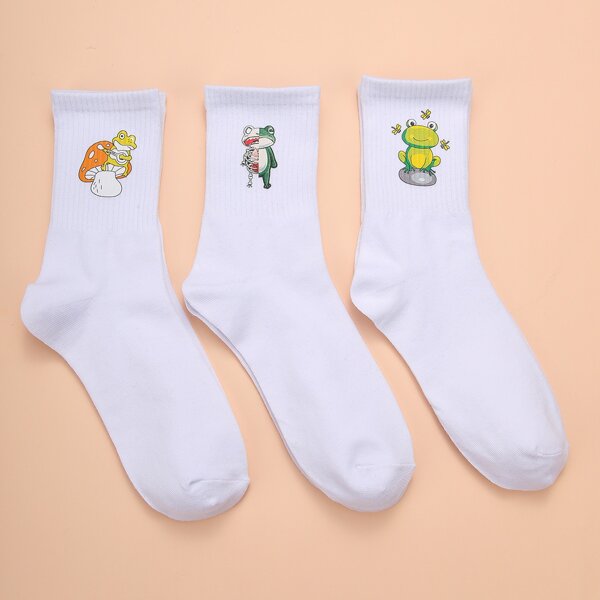 

3pairs Cartoon Graphic Crew Socks, White