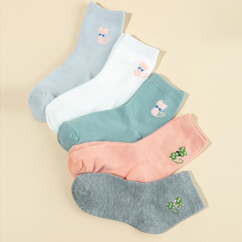 

5pairs Cat Graphic Crew Socks, Multicolor