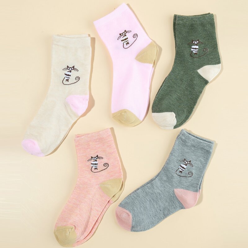 

5pairs Cat Graphic Crew Socks, Multicolor