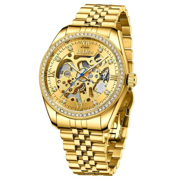

Men Rhinestone Decor Skeleton Dial Mechanical Watch With Strap Remover