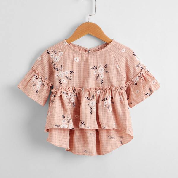 

Toddler Girls Floral Print Frill Trim Blouse, Dusty pink