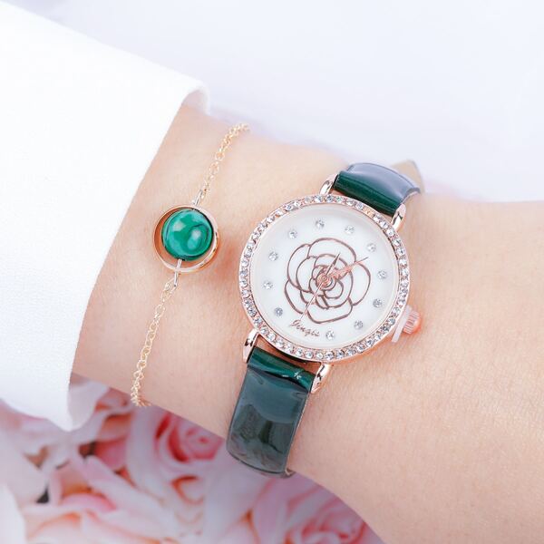 

1pc Rhinestone Decor Flower Dial Watch & 1pc Bracelet