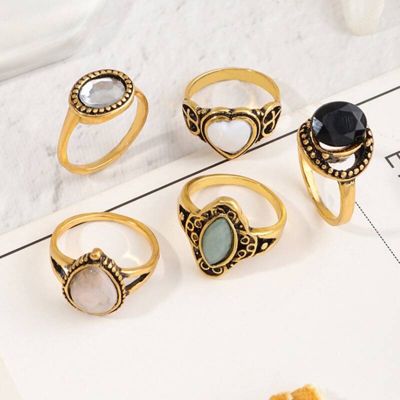 

5pcs Gemstone Decor Ring, Gold