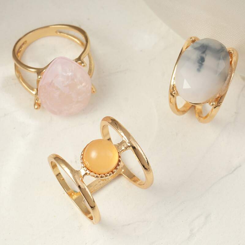 

3pcs Gemstone Decor Ring, Gold