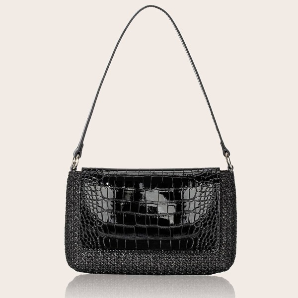 

Croc Embossed Flap Shoulder Bag, Black