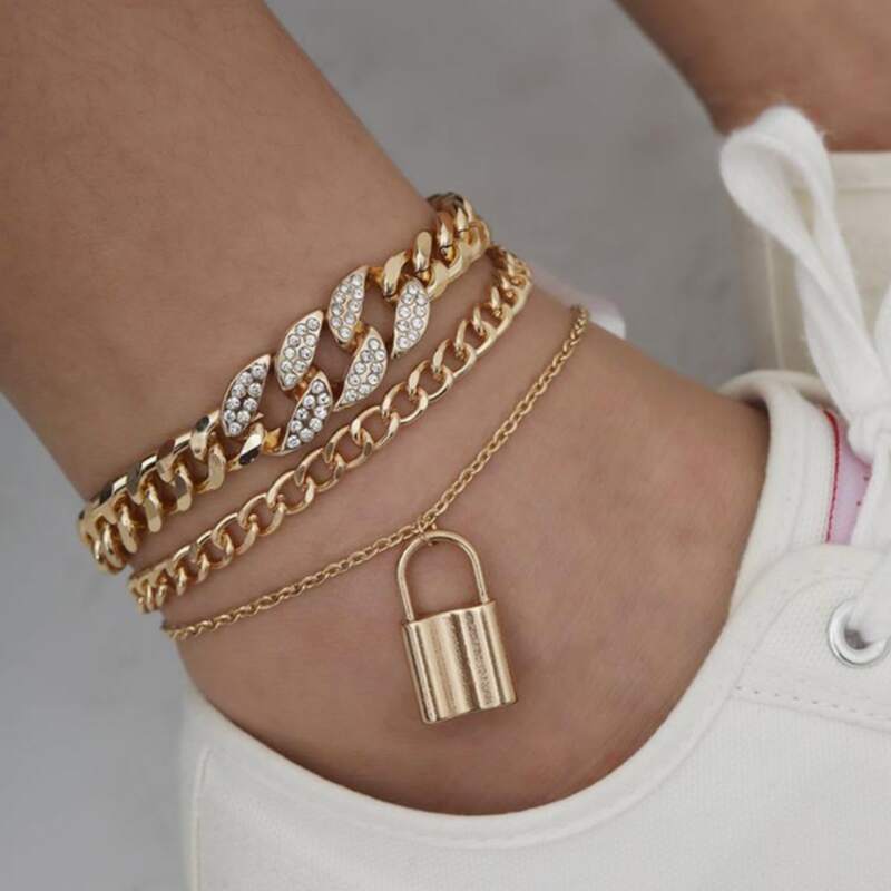 

3pcs Rhinestone & Lock Decor Anklet, Gold