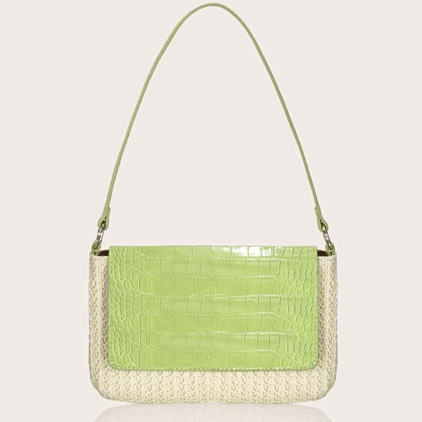 

Croc Embossed Flap Straw Bag, Green