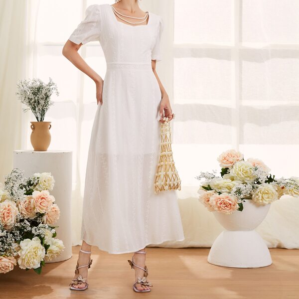 

Sweetheart Puff Sleeve Eyelet Embroidery Dress, White