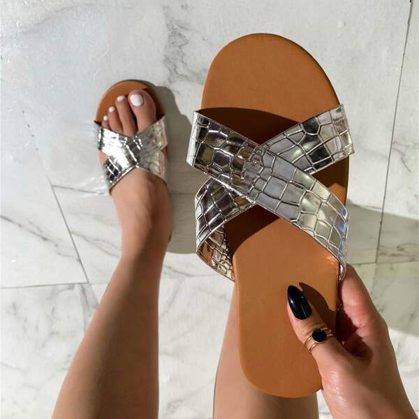 

Croc Embossed Cross Strap Slide Sandals, Silver