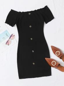 SHEIN Privé Plus Off Shoulder Lettuce Trim Buttoned Dress - Black - View 1