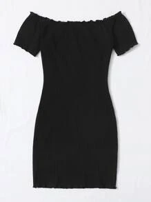 SHEIN Privé Plus Off Shoulder Lettuce Trim Buttoned Dress - Black - View 2