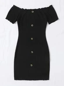 SHEIN Privé Plus Off Shoulder Lettuce Trim Buttoned Dress - Black - View 3