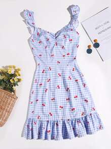SHEIN Vestido de tirantes con estampado de cereza de guingán - Multicolor - Ver 1