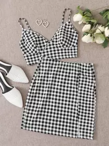 SHEIN EZwear 大碼格紋露肩短版吊帶上衣和開衩半身裙套裝 - 黑與白 - 查看 1