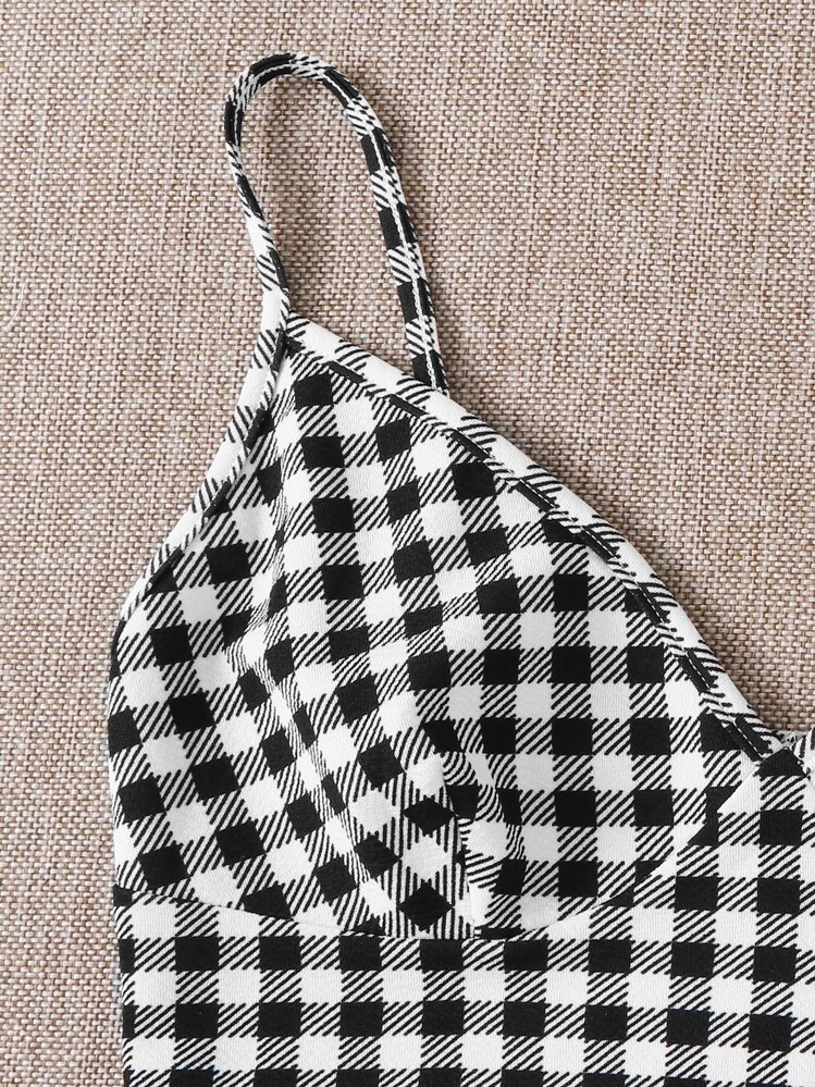 SHEIN EZwear 大碼格紋露肩短版吊帶上衣和開衩半身裙套裝 - 黑與白 - 查看 3