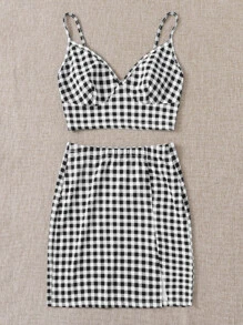 SHEIN EZwear 大碼格紋露肩短版吊帶上衣和開衩半身裙套裝 - 黑與白 - 查看 4