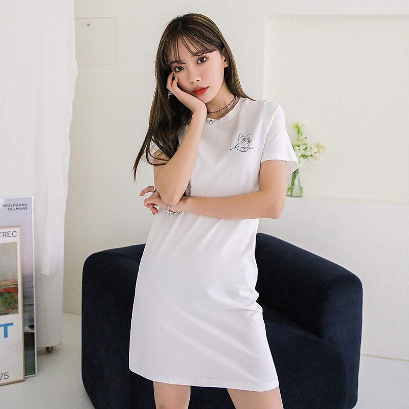 

Cat Embroidery Tee Dress, White