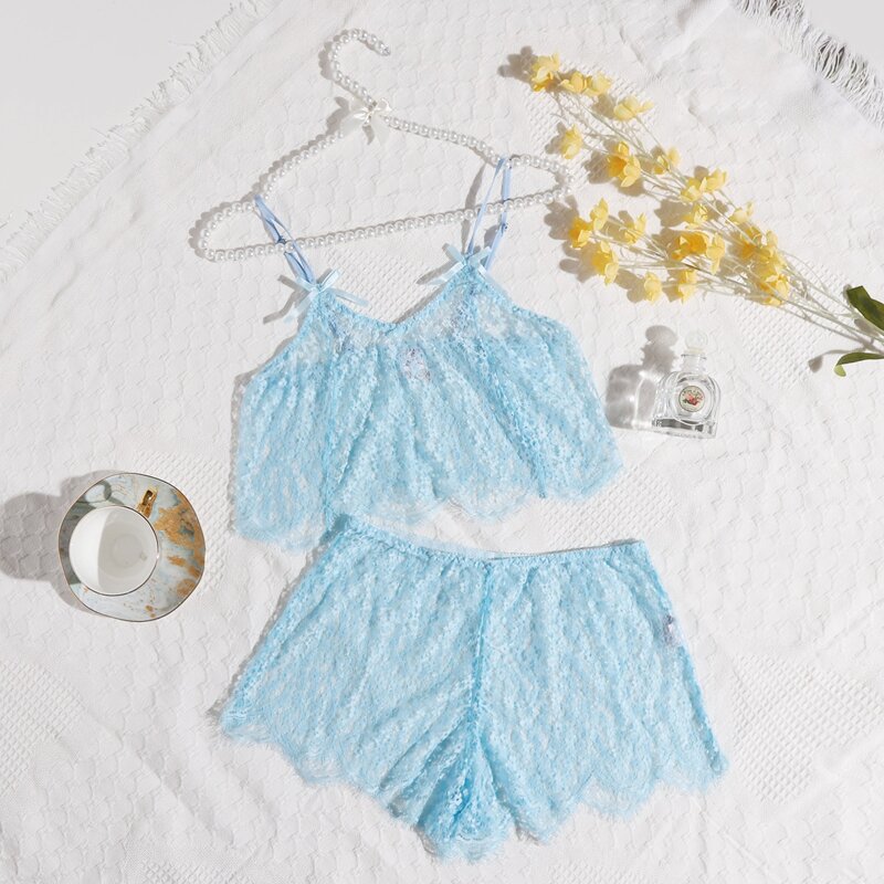 

Floral Lace Scallop Trim Lingerie Set, Blue