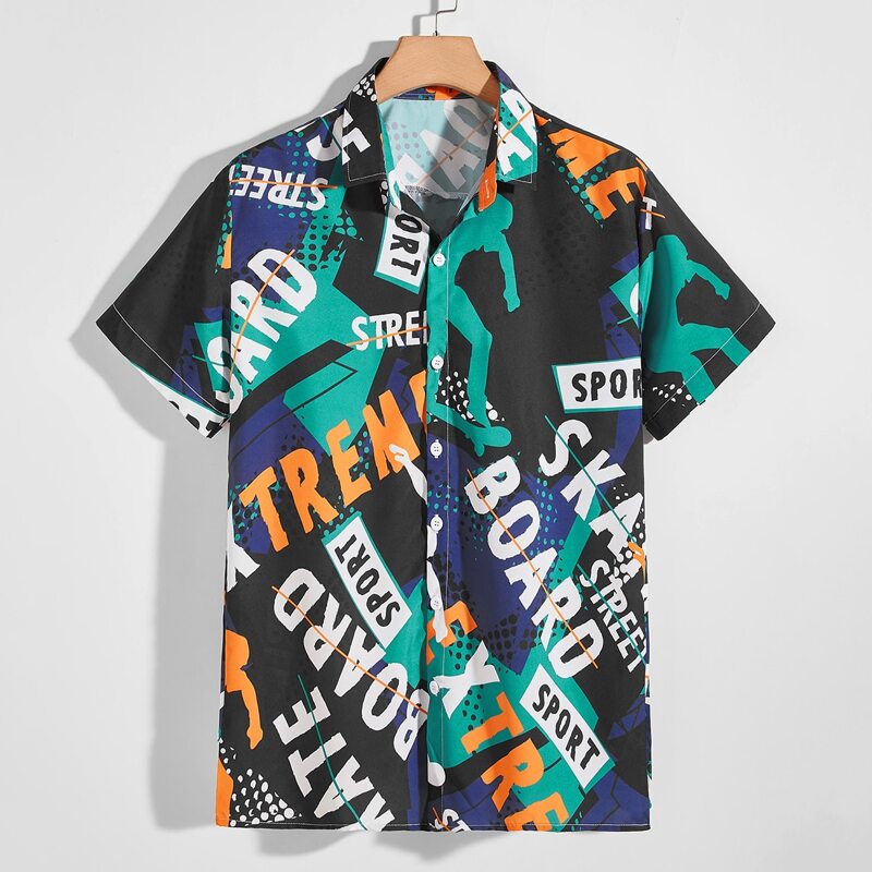 

Guys Letter All Over Print Button Front Shirt, Multicolor