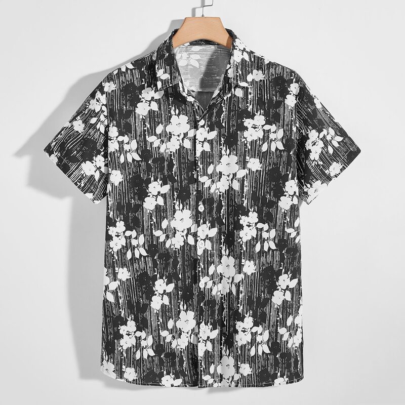 

Guys Floral Print Button Front Shirt, Black and white