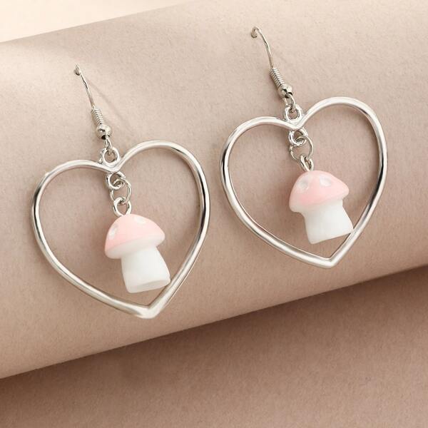 

Mushroom Detail Heart Earrings, Pink
