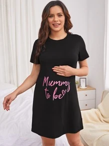 SHEIN Maternity Heart And Slogan Graphic Night Dress - Black - View 1
