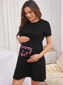 SHEIN Maternity Heart And Slogan Graphic Night Dress - Black - View 3