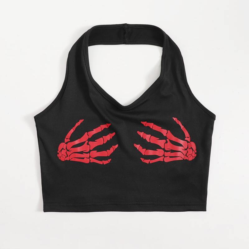 

Skeleton Graphic Halter Crop Top, Black