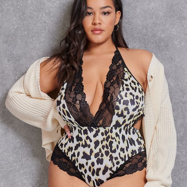 

Plus Leopard Print Contrast Lace Teddy Bodysuit, Multicolor