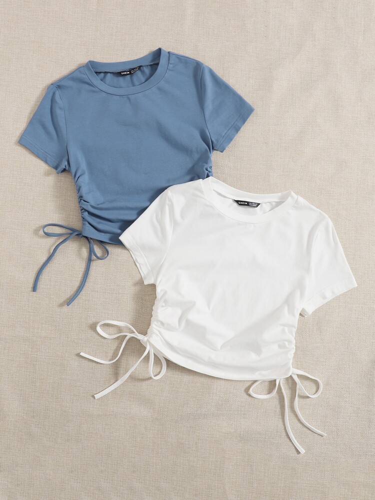 SHEIN Qutie 2 Packs Ruched Drawstring Side Tee - Blue and White - View 3