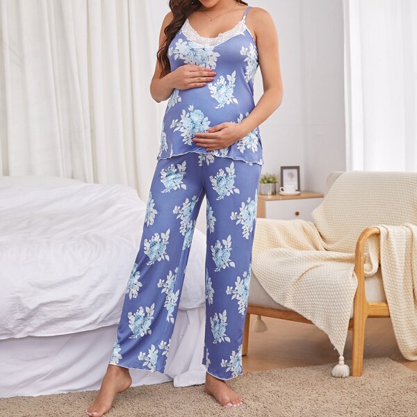 

Maternity Floral Print Adjustable Waist PJ Set, Blue