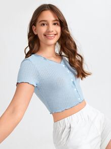 SHEIN Tops con gái Xù nhỏ màu trơn Giải trí - Màu xanh nhạt - Xem 1
