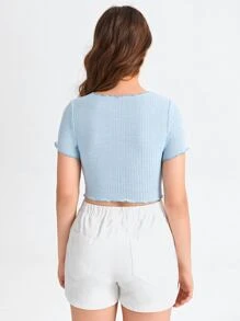 SHEIN Tops con gái Xù nhỏ màu trơn Giải trí - Màu xanh nhạt - Xem 2