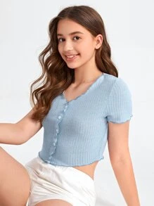 SHEIN Tops con gái Xù nhỏ màu trơn Giải trí - Màu xanh nhạt - Xem 4